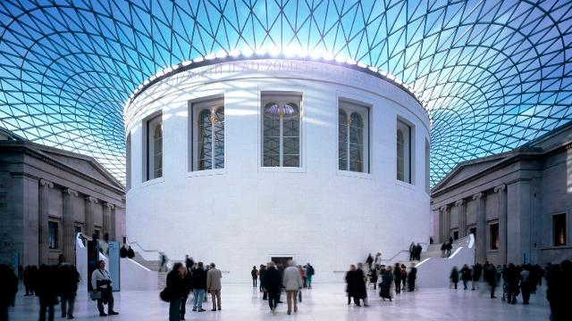 View of the glass ceiling and white walls in the British Museum